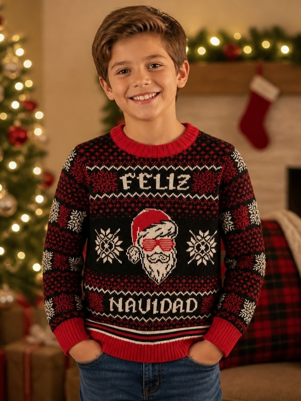 Holiday Time Red & Black 'Feliz Navidad' Kids Holiday Sweater Top